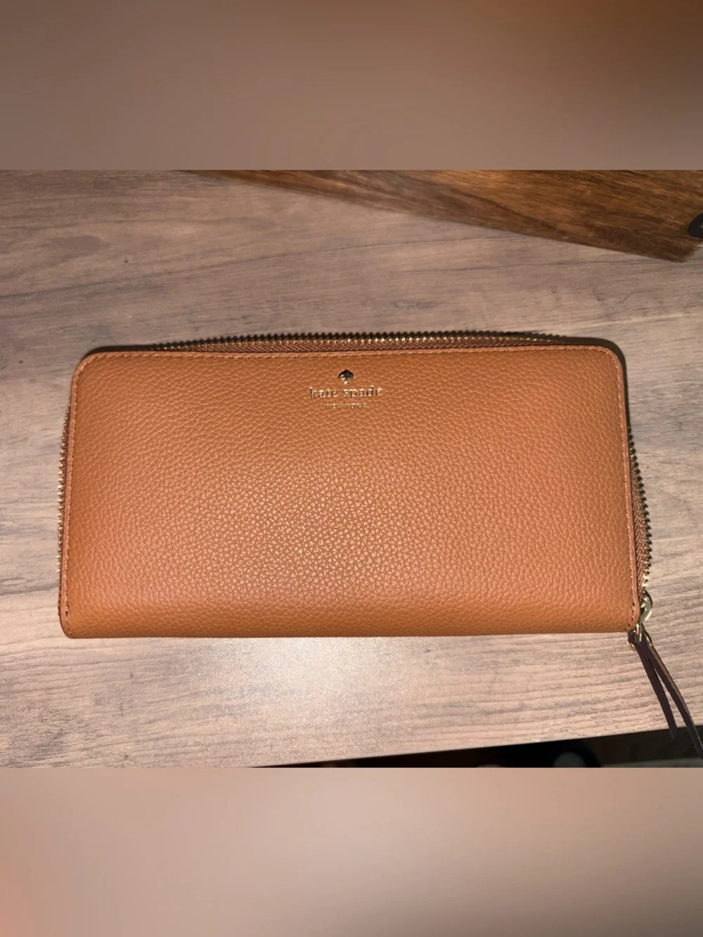 Large Kate Spade Pebbled Leather Zip Wallet in Cognac